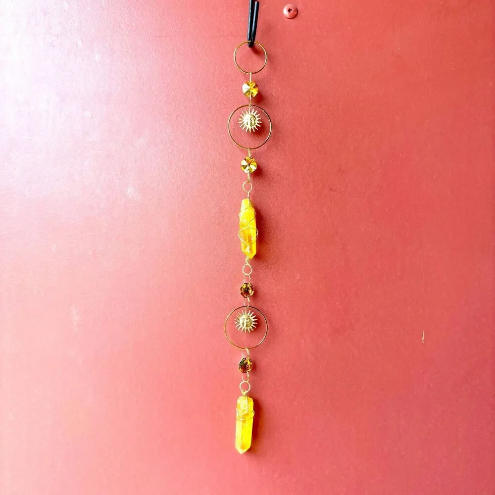 Yellow Aura Quartz Wall Hanging Gold Sun face Circle Frame  Amber Crystal Beads